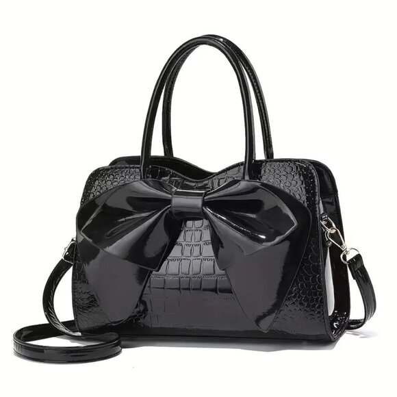 Black Crocodile Pattern Bow Handbag | Patent Faux Leather Purse w/ Strap - Picture 6 of 7